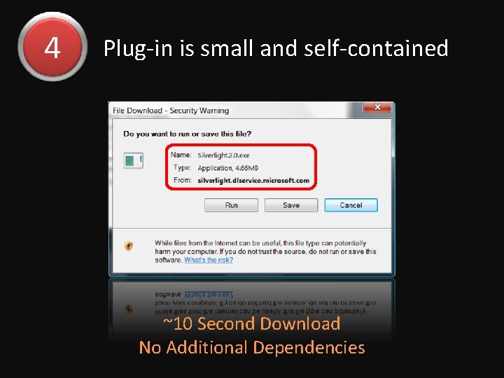 4 Plug-in is small and self-contained ~10 Second Download No Additional Dependencies 