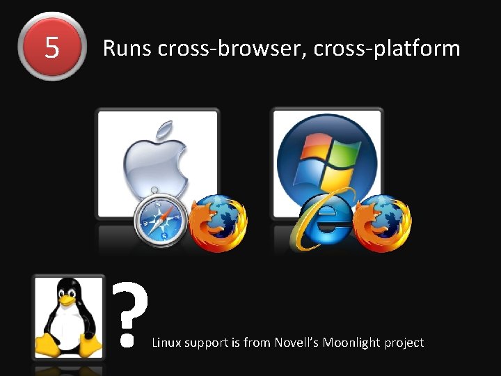 5 Runs cross-browser, cross-platform ? Linux support is from Novell’s Moonlight project 