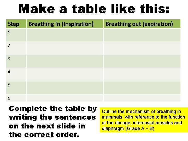 Make a table like this: Step Breathing in (Inspiration) Breathing out (expiration) 1 2