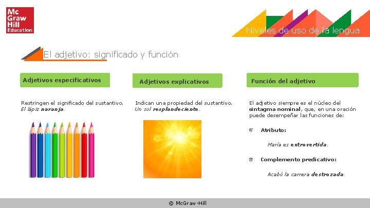 Niveles de uso de la lengua El adjetivo: significado y función Adjetivos especificativos Restringen