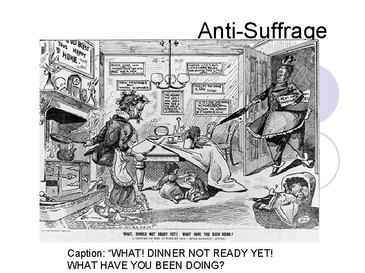 Anti-Suffrage Caption: “WHAT! DINNER NOT READY YET! WHAT HAVE YOU BEEN DOING? 