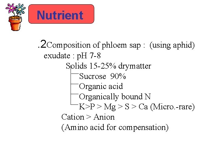Nutrient. 2 Composition of phloem sap : (using aphid) exudate : p. H 7