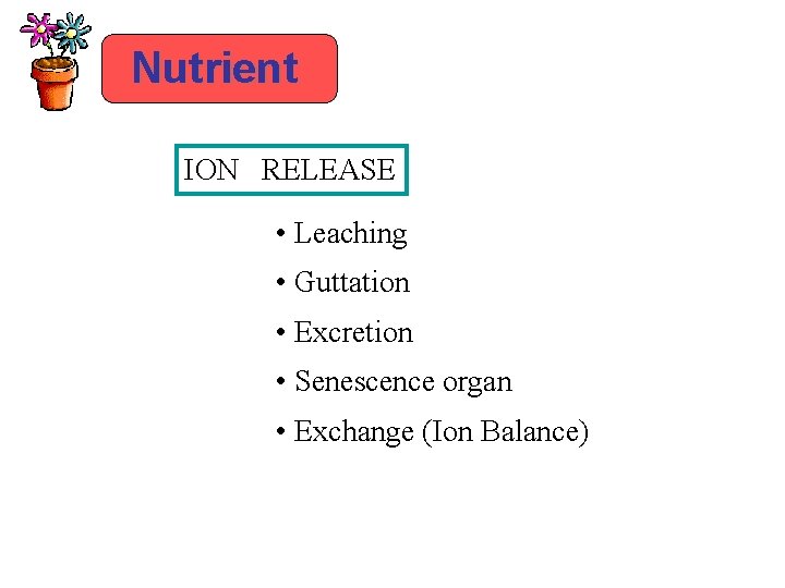 Nutrient ION RELEASE • Leaching • Guttation • Excretion • Senescence organ • Exchange