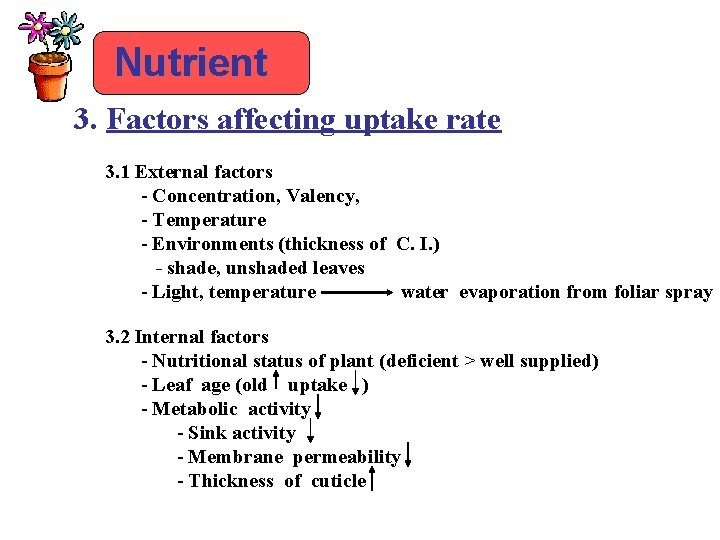 Nutrient 3. Factors affecting uptake rate 3. 1 External factors - Concentration, Valency, -