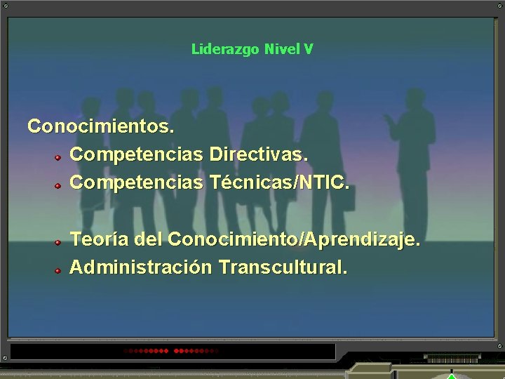 Liderazgo Nivel V Conocimientos. Competencias Directivas. Competencias Técnicas/NTIC. Teoría del Conocimiento/Aprendizaje. Administración Transcultural. 