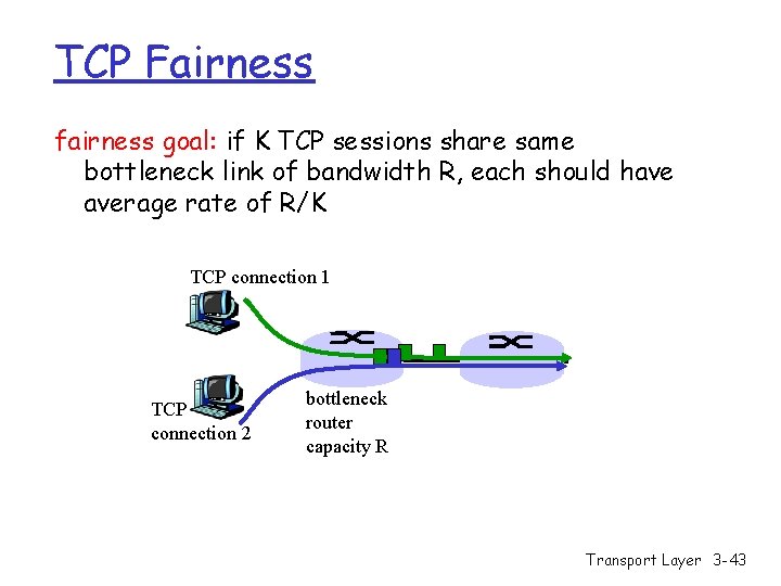 TCP Fairness fairness goal: if K TCP sessions share same bottleneck link of bandwidth
