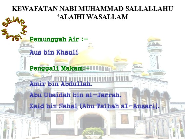 KEWAFATAN NABI MUHAMMAD SALLALLAHU ‘ALAIHI WASALLAM Pemunggah Air : Aus bin Khauli Penggali Makam: