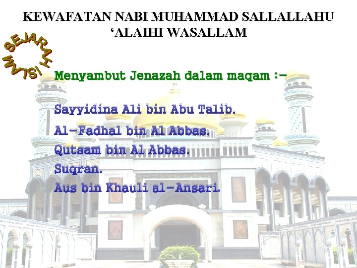 KEWAFATAN NABI MUHAMMAD SALLALLAHU ‘ALAIHI WASALLAM Menyambut Jenazah dalam maqam : Sayyidina Ali bin