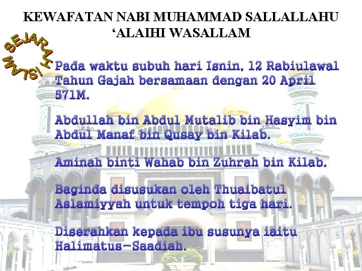 KEWAFATAN NABI MUHAMMAD SALLALLAHU ‘ALAIHI WASALLAM Pada waktu subuh hari Isnin, 12 Rabiulawal Tahun