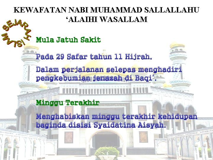 KEWAFATAN NABI MUHAMMAD SALLALLAHU ‘ALAIHI WASALLAM Mula Jatuh Sakit Pada 29 Safar tahun 11