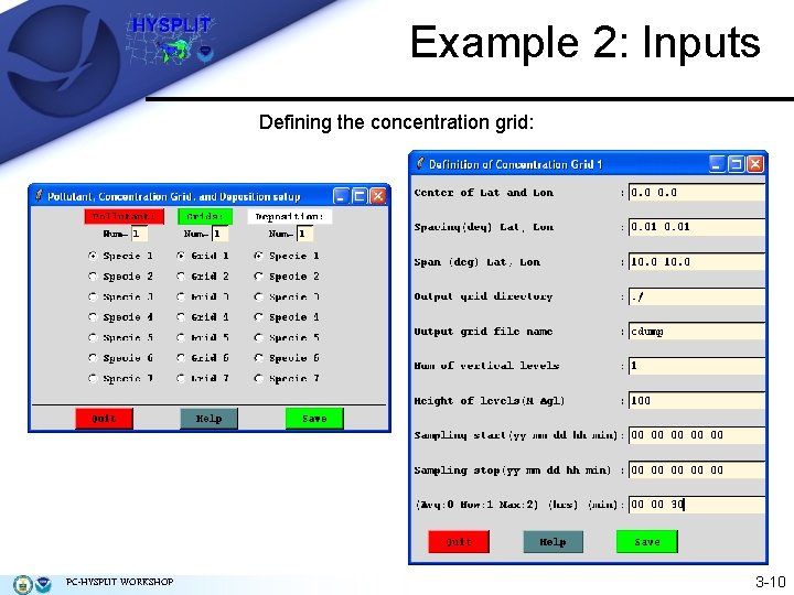 Example 2: Inputs Defining the concentration grid: PC-HYSPLIT WORKSHOP 3 -10 