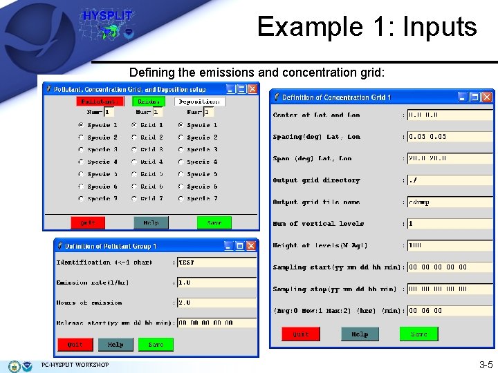 Example 1: Inputs Defining the emissions and concentration grid: PC-HYSPLIT WORKSHOP 3 -5 