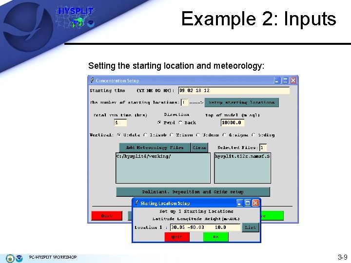 Example 2: Inputs Setting the starting location and meteorology: PC-HYSPLIT WORKSHOP 3 -9 