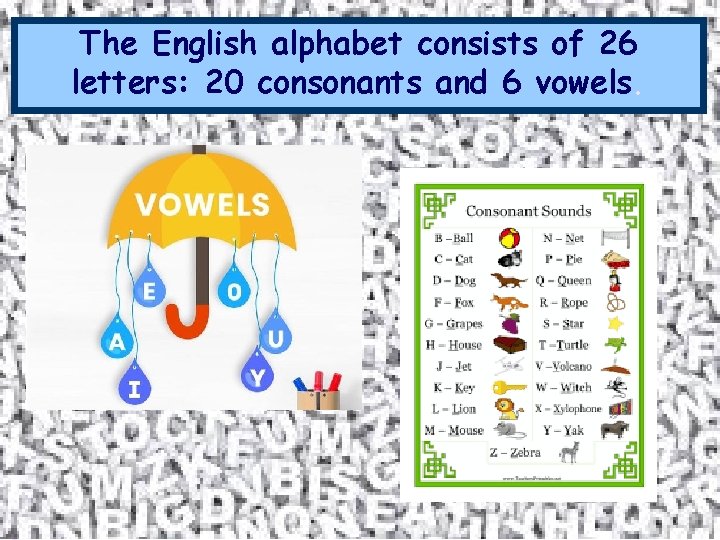The English alphabet consists of 26 letters: 20 consonants and 6 vowels. 