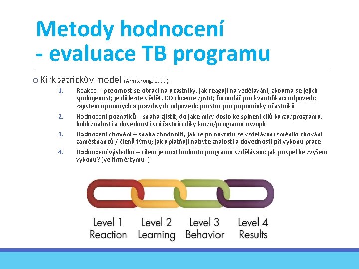 Metody hodnocení - evaluace TB programu o Kirkpatrickův model (Armstrong, 1999) 1. Reakce –