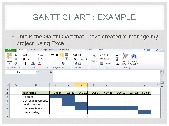 GANTT CHART : EXAMPLE • This is the Gantt Chart that I have created