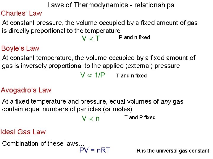 Laws of Thermodynamics - relationships Charles’ Law At constant pressure, the volume occupied by