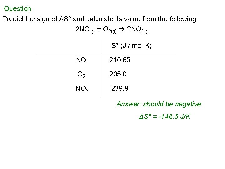 Question Predict the sign of ΔS° and calculate its value from the following: 2