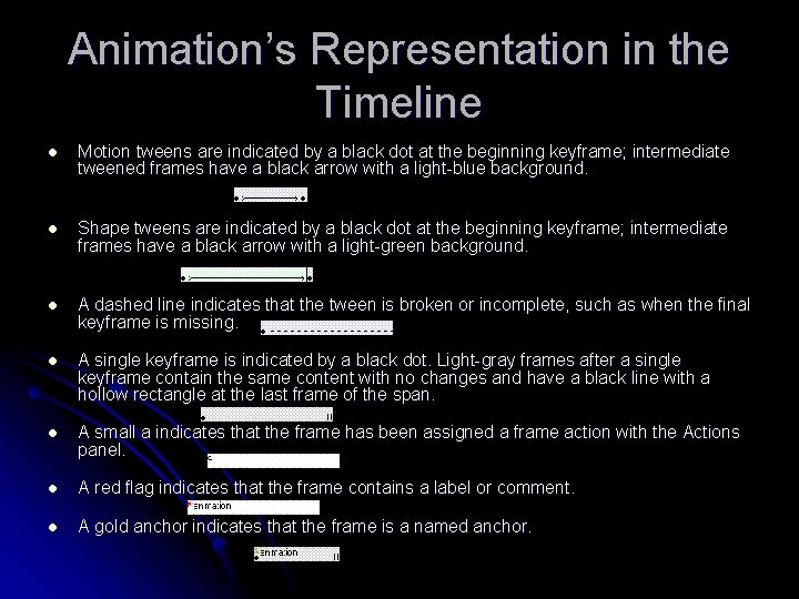 Animation’s Representation in the Timeline l Motion tweens are indicated by a black dot