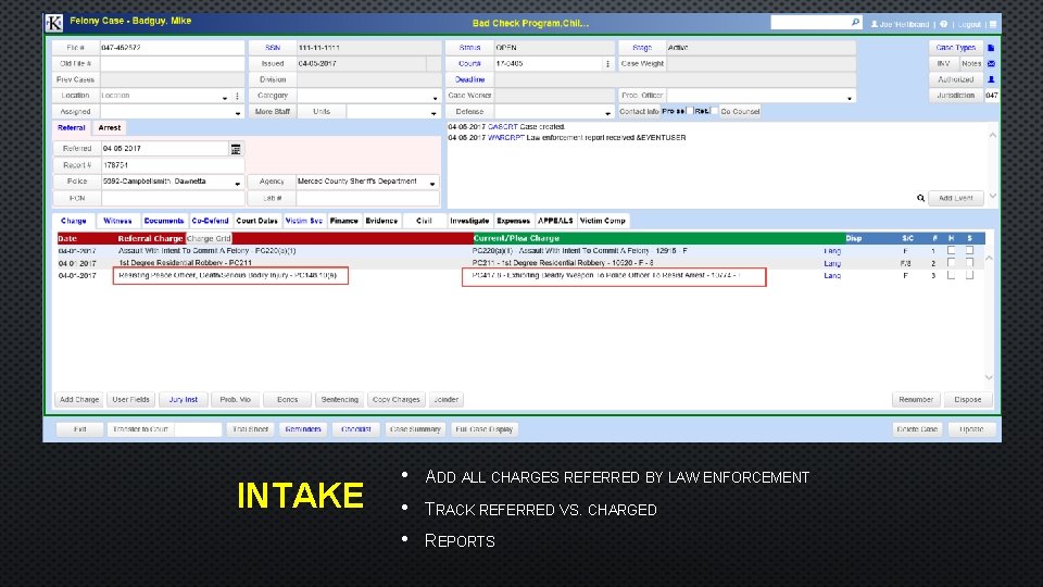 INTAKE • • • ADD ALL CHARGES REFERRED BY LAW ENFORCEMENT TRACK REFERRED VS.