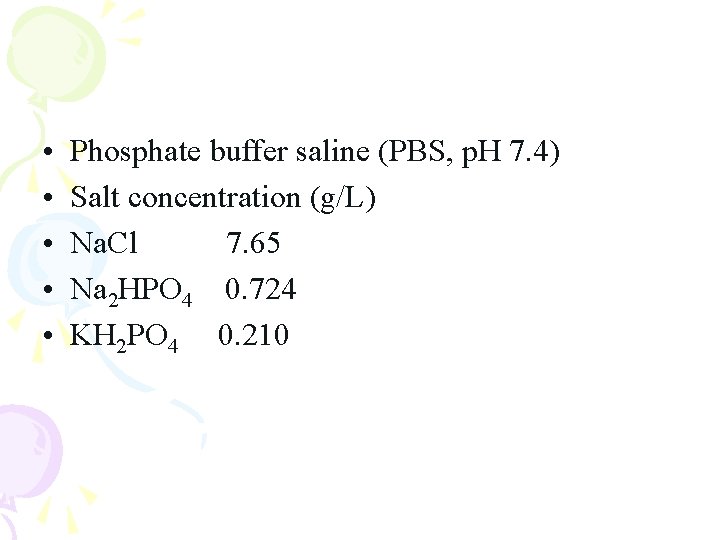 • • • Phosphate buffer saline (PBS, p. H 7. 4) Salt concentration • • • Phosphate buffer saline (PBS, p. H 7. 4) Salt concentration