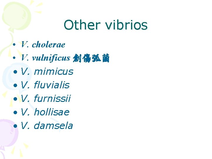 Other vibrios • V. cholerae • V. vulnificus 創傷弧菌 • V. mimicus • V. Other vibrios • V. cholerae • V. vulnificus 創傷弧菌 • V. mimicus • V.