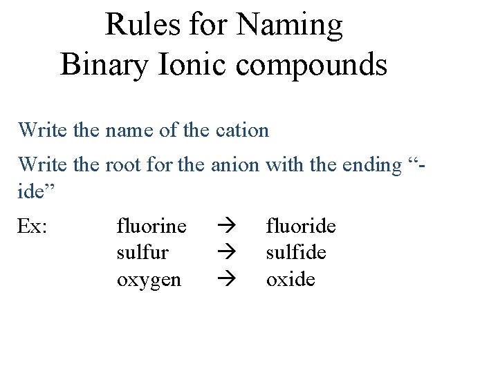 Rules for Naming Binary Ionic compounds Write the name of the cation Write the