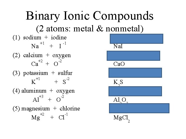 Binary Ionic Compounds (2 atoms: metal & nonmetal) (1) sodium + iodine +1 -1