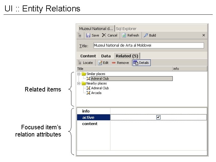 UI : : Entity Relations Related items Focused item’s relation attributes 