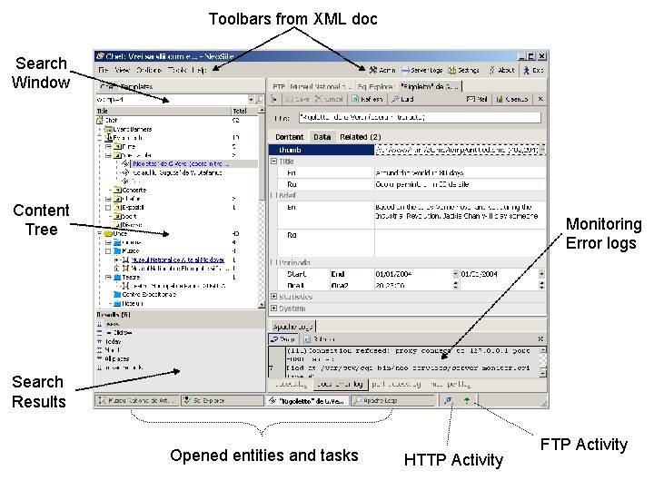 Toolbars from XML doc Search Window Content Tree Monitoring Error logs Search Results Opened