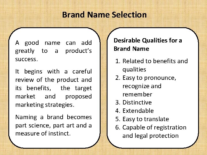 Brand Name Selection A good name can add greatly to a product’s success. It