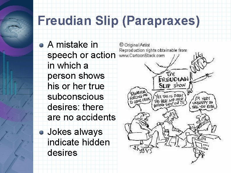 Freudian Slip (Parapraxes) A mistake in speech or action in which a person shows