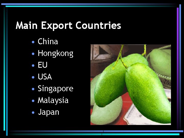 Main Export Countries • • China Hongkong EU USA Singapore Malaysia Japan 