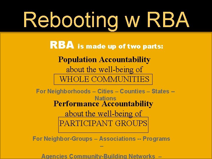 Rebooting w RBA is made up of two parts: Population Accountability about the well-being