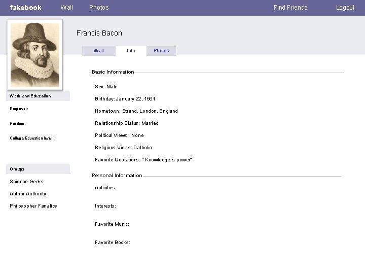 fakebook Wall Photos Find Friends Francis Bacon Wall Info Photos Basic Information Sex: Male