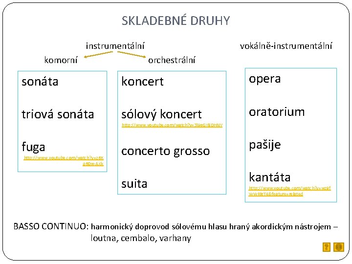 SKLADEBNÉ DRUHY instrumentální komorní vokálně-instrumentální orchestrální sonáta koncert opera triová sonáta sólový koncert oratorium