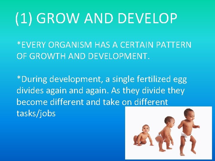 (1) GROW AND DEVELOP *EVERY ORGANISM HAS A CERTAIN PATTERN OF GROWTH AND DEVELOPMENT.