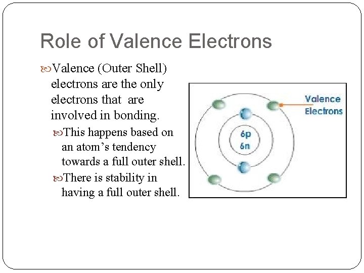 Role of Valence Electrons Valence (Outer Shell) electrons are the only electrons that are