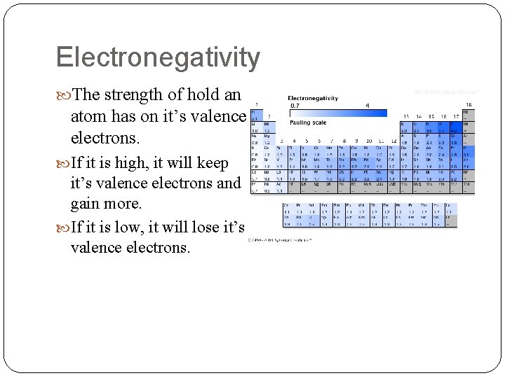 Electronegativity The strength of hold an atom has on it’s valence electrons. If it