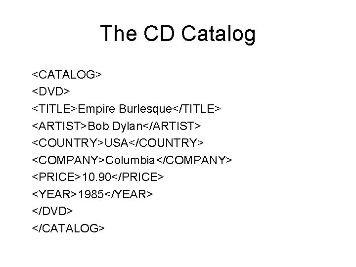 The CD Catalog <CATALOG> <DVD> <TITLE>Empire Burlesque</TITLE> <ARTIST>Bob Dylan</ARTIST> <COUNTRY>USA</COUNTRY> <COMPANY>Columbia</COMPANY> <PRICE>10. 90</PRICE> <YEAR>1985</YEAR>