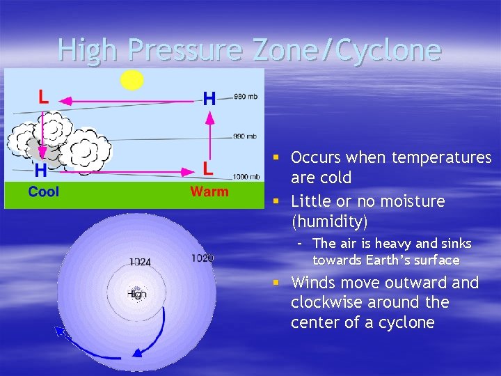 High Pressure Zone/Cyclone § Occurs when temperatures are cold § Little or no moisture High Pressure Zone/Cyclone § Occurs when temperatures are cold § Little or no moisture