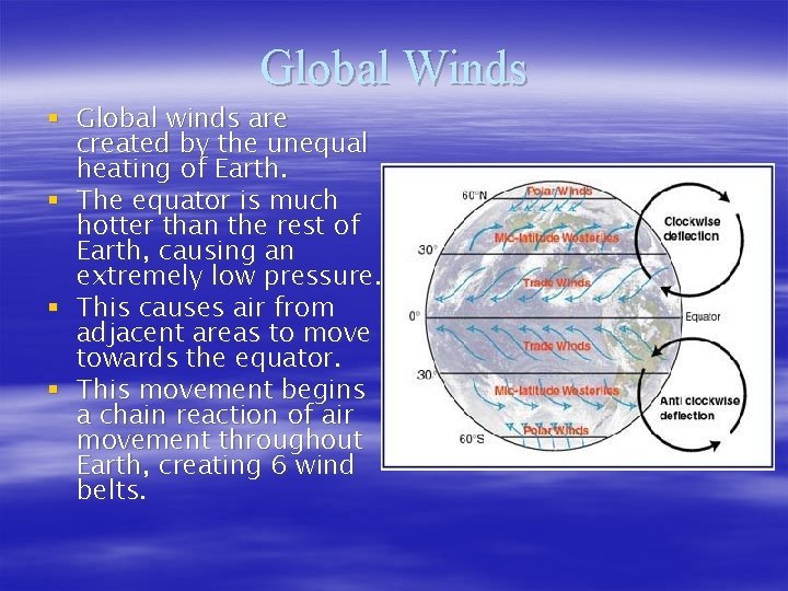 Global Winds § Global winds are created by the unequal heating of Earth. § Global Winds § Global winds are created by the unequal heating of Earth. §