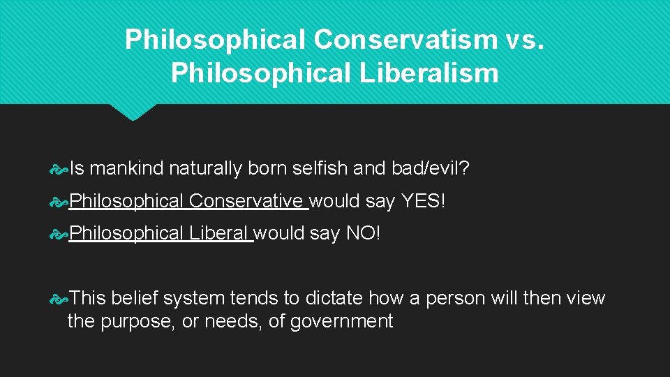 Philosophical Conservatism vs. Philosophical Liberalism Is mankind naturally born selfish and bad/evil? Philosophical Conservative