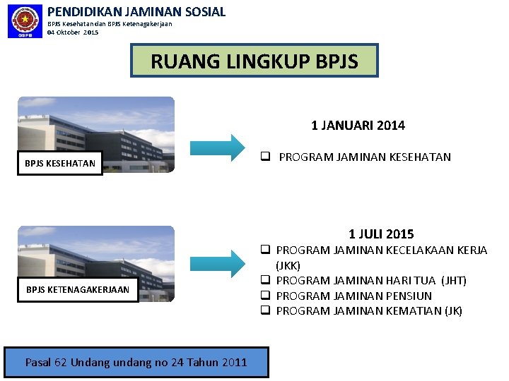 PENDIDIKAN JAMINAN SOSIAL BPJS Kesehatan dan BPJS Ketenagakerjaan 04 Oktober 2015 RUANG LINGKUP BPJS