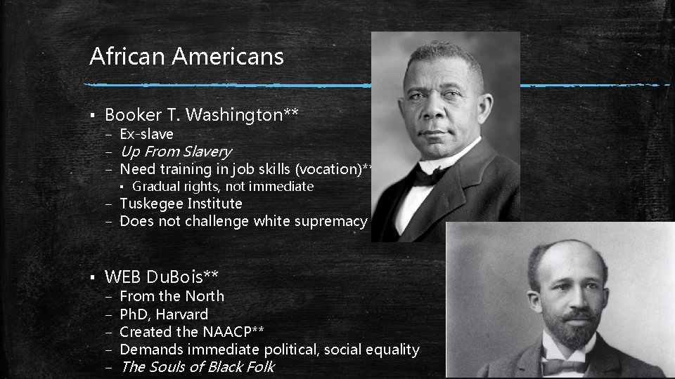 African Americans ▪ Booker T. Washington** – Ex-slave – Up From Slavery – Need