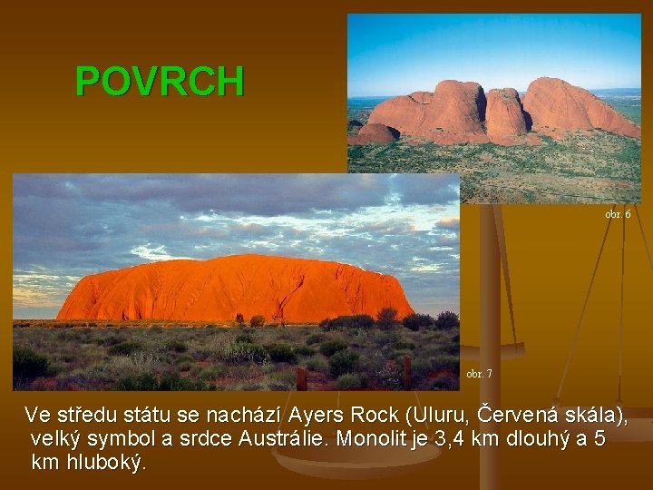 POVRCH obr. 6 obr. 7 Ve středu státu se nachází Ayers Rock (Uluru, Červená