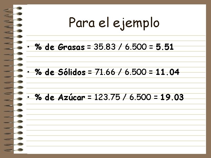 Para el ejemplo • % de Grasas = 35. 83 / 6. 500 =