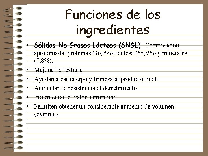 Funciones de los ingredientes • Sólidos No Grasos Lácteos (SNGL) Composición aproximada: proteínas (36,