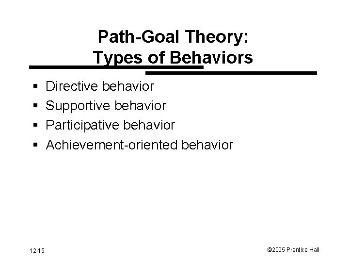 Path-Goal Theory: Types of Behaviors § § 12 -15 Directive behavior Supportive behavior Participative