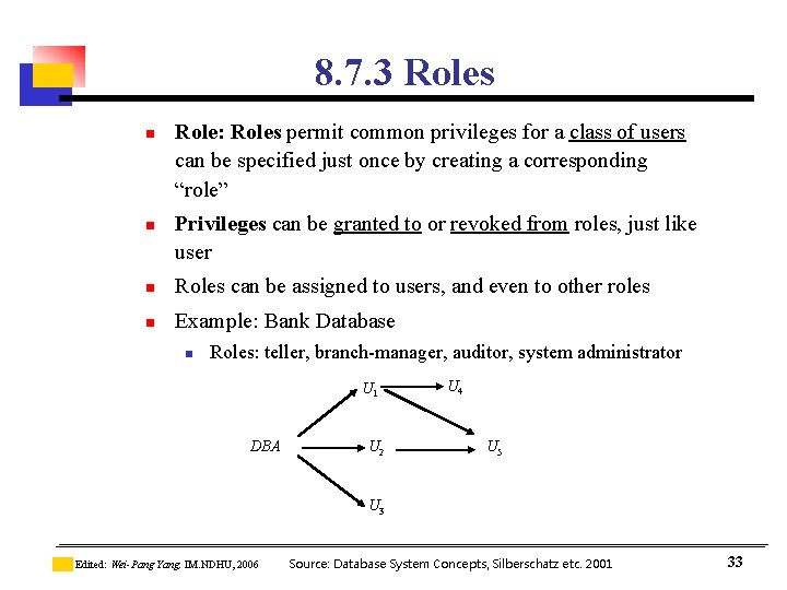 8. 7. 3 Roles n n Role: Roles permit common privileges for a class 8. 7. 3 Roles n n Role: Roles permit common privileges for a class